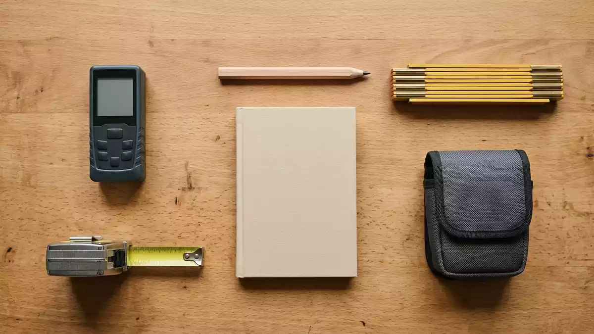 Flatlay-Arrangement rund um Laserentfernungsmesser mit passenden Requisiten von oben
