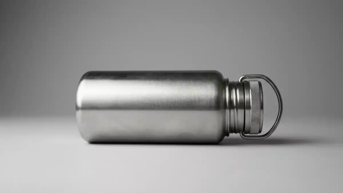 Fotorealistische Studioansicht von Edelstahl-Trinkflasche in neutraler Produktdarstellung