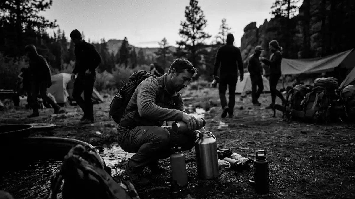 Schwarzweiss-Reportagebild mit Edelstahl-Trinkflasche in dokumentarischer Arbeitsumgebung