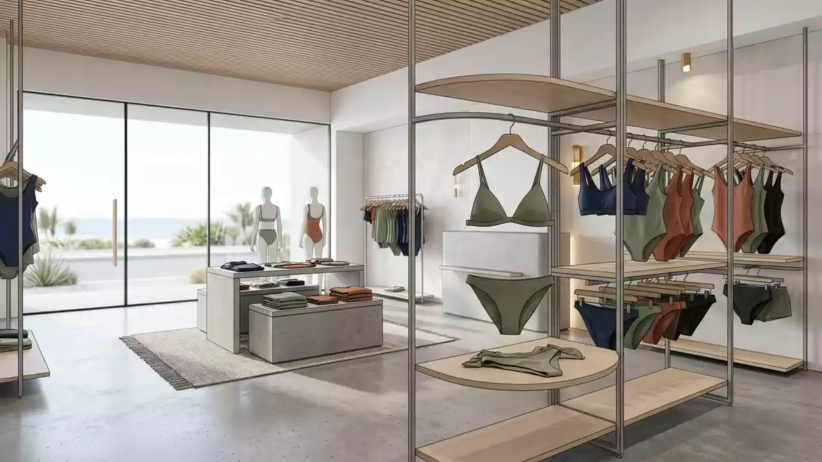 Architektur-Render im Bademodengeschaeft mit Bikini-Set im Ausstellungsbereich