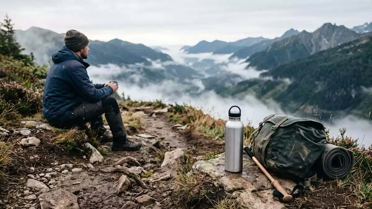 Fotorealistische Ansicht von Edelstahl-Trinkflasche beim Wandern in realer Umgebung