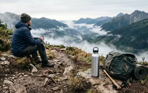 Fotorealistische Aufnahme von Edelstahl-Trinkflasche beim Wandern zum Thema Hydro Flask Standard Mouth, natuerliches Licht - Foto: THN