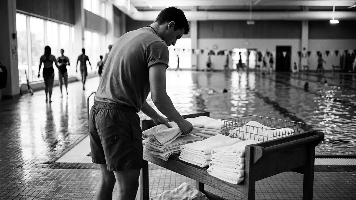 Schwarzweiss-Reportagebild mit Badeshorts in dokumentarischer Arbeitsumgebung, neutral