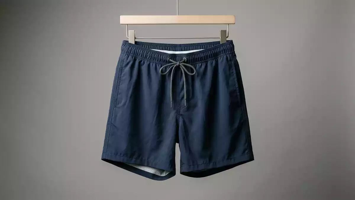 Fotorealistische Studioansicht von Badeshorts in neutraler Produktdarstellung, neutral