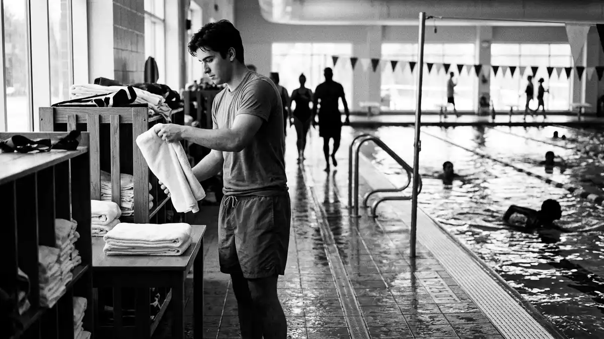 Schwarzweiss-Reportagebild mit Badeshorts in dokumentarischer Arbeitsumgebung, neutral