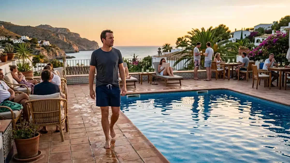 Fotorealistische Ansicht von Badeshorts am Pool in warmem Abendlicht, neutral