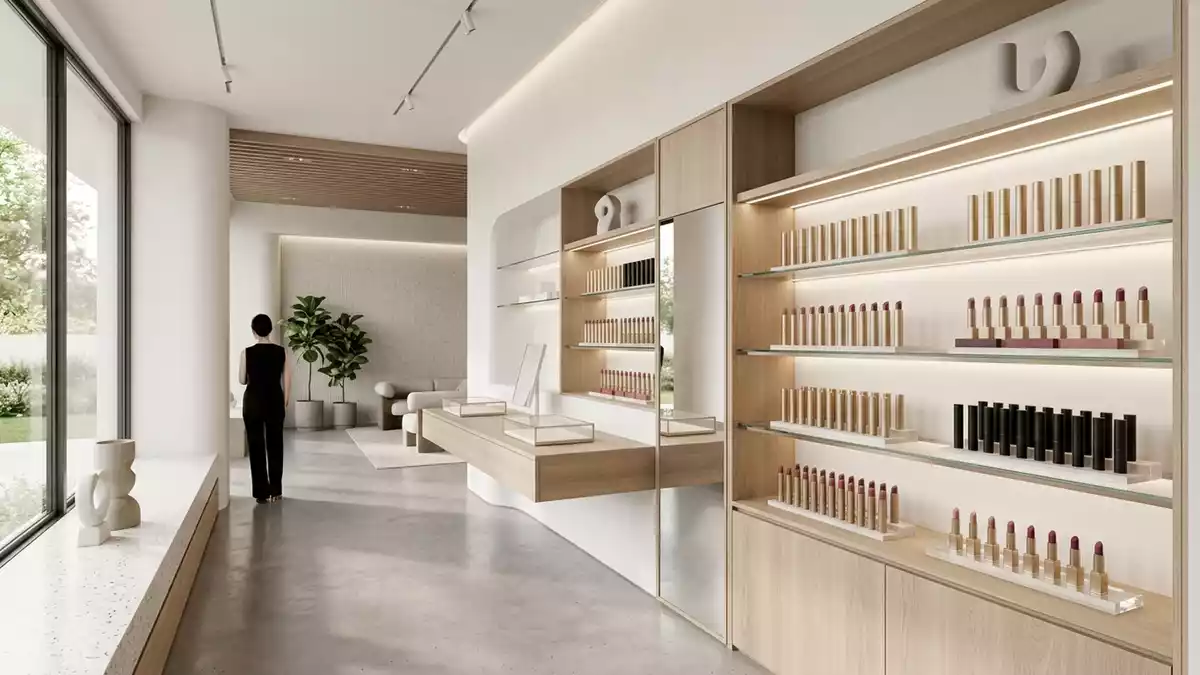 Architektur-Render im Kosmetikgeschaeft mit Lippenstift im Ausstellungsbereich