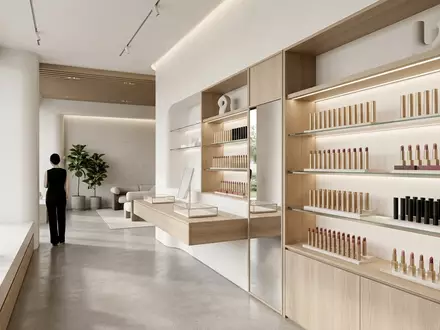 Architektur-Render im Kosmetikgeschaeft mit Lippenstift zum Thema Charlotte Tilbury Pillow Talk, neutrales Tageslicht - Foto: THN