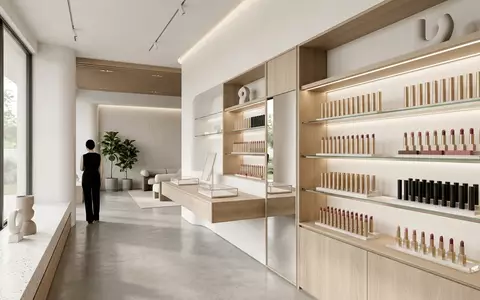 Architektur-Render im Kosmetikgeschaeft mit Lippenstift zum Thema Charlotte Tilbury Pillow Talk, neutrales Tageslicht - Foto: THN