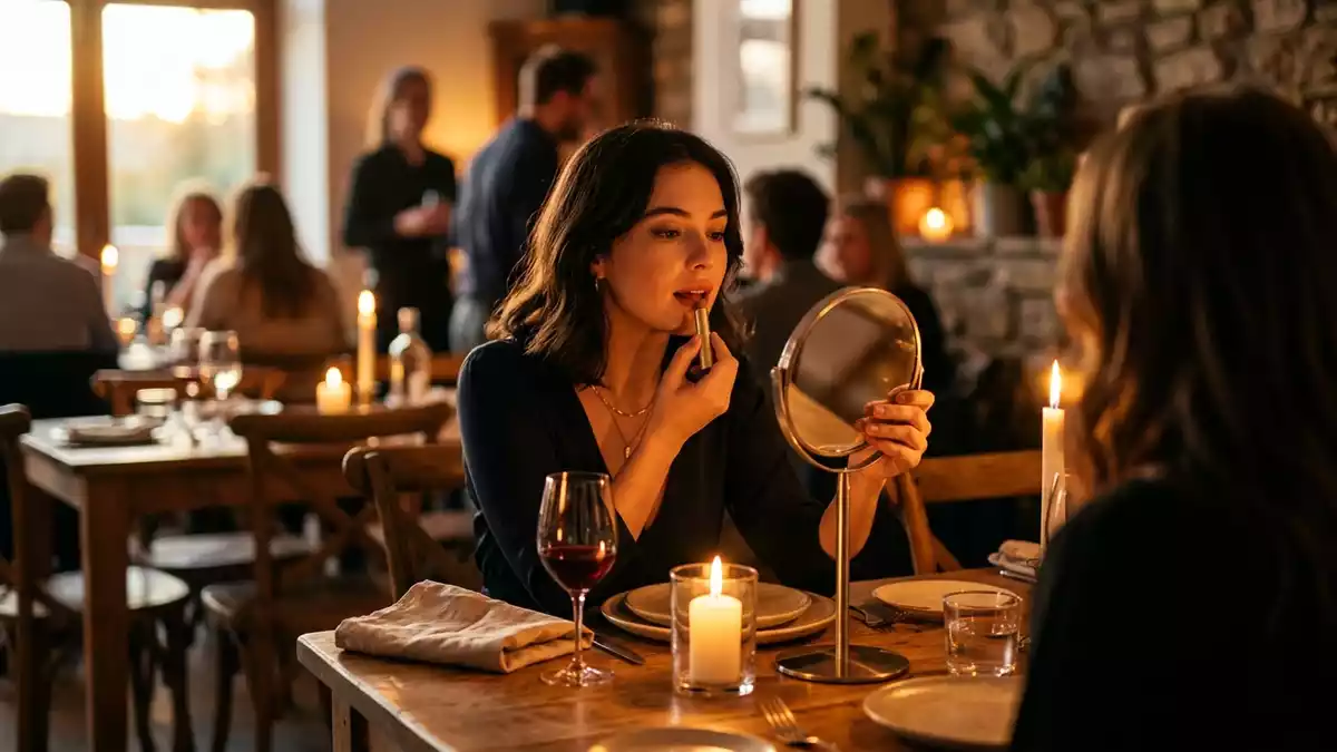 Fotorealistische Ansicht von Lippenstift beim Abendessen in warmem Abendlicht, neutral