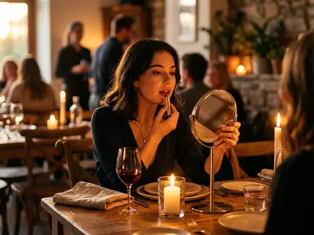Fotorealistische Aufnahme von Lippenstift beim Abendessen zum Thema Charlotte Tilbury Pillow Talk, warmes Abendlicht - Foto: THN
