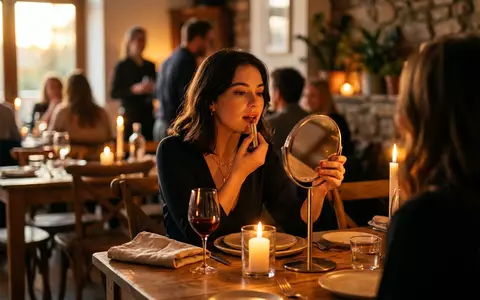 Fotorealistische Aufnahme von Lippenstift beim Abendessen zum Thema Charlotte Tilbury Pillow Talk, warmes Abendlicht - Foto: THN