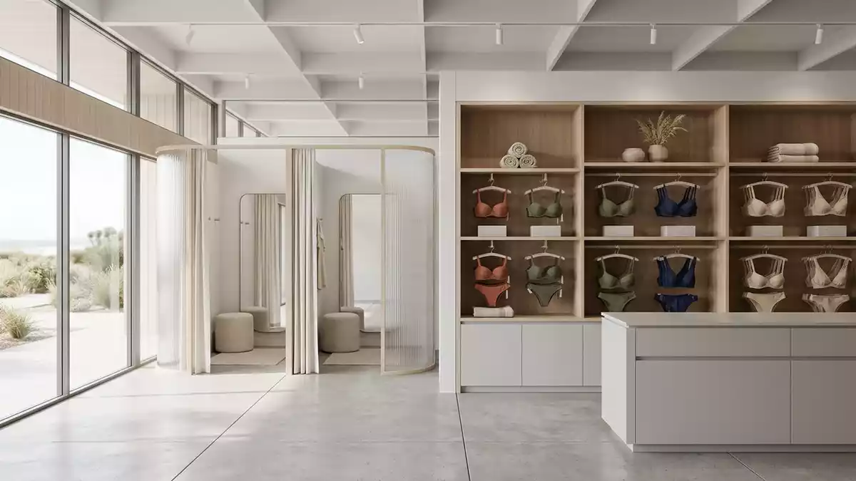 Architektur-Render im Bademodengeschaeft mit Bikinioberteil im Ausstellungsbereich