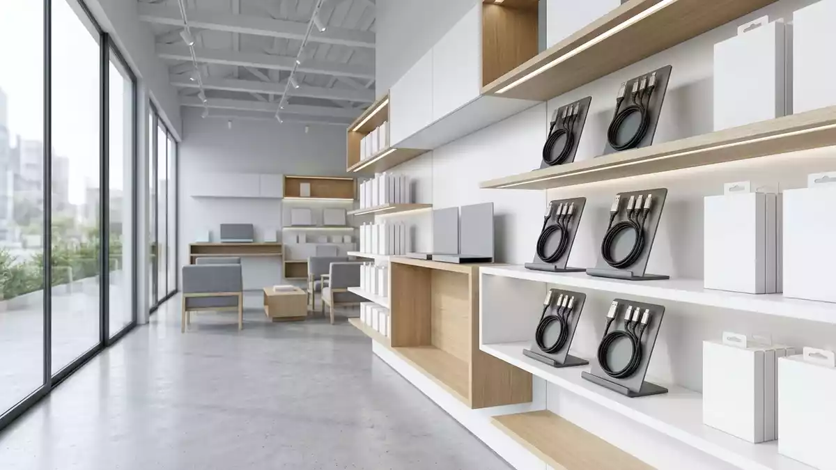 Architektur-Render im Elektronikgeschaeft mit Mehrfachkabel im Ausstellungsbereich