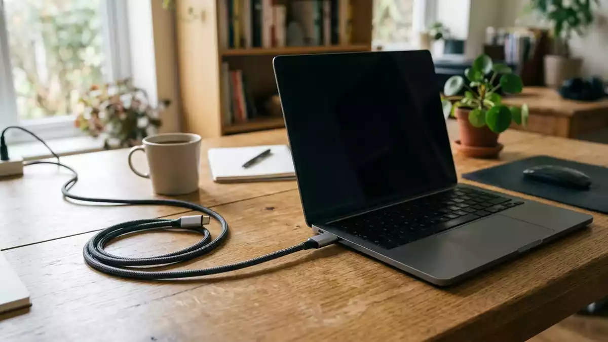 Fotorealistische Ansicht von Ladekabel am Schreibtisch in realer Umgebung, neutral