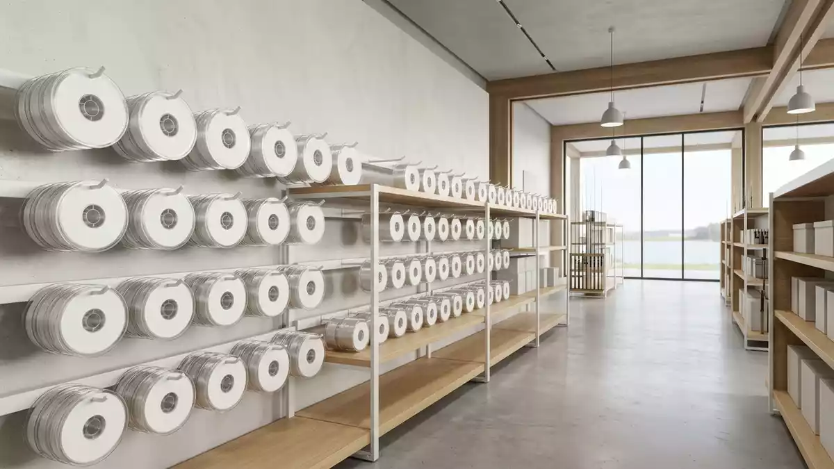 Architektur-Render im Angelgeschaeft mit Angelschnur im Ausstellungsbereich, neutral