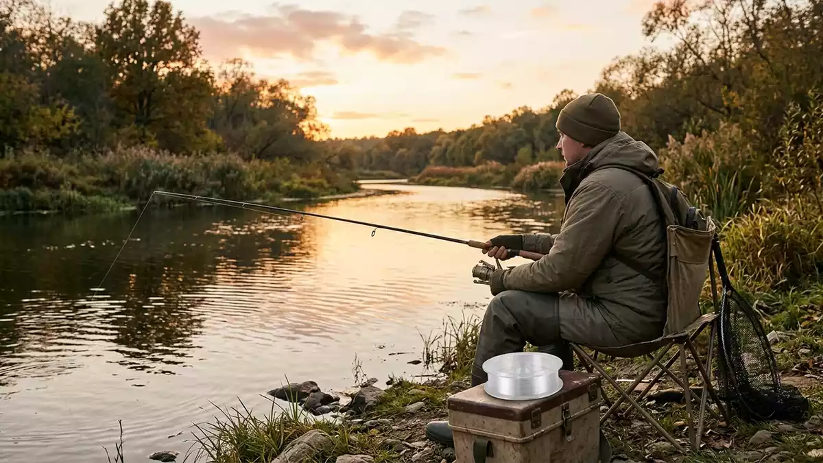 Fotorealistische Ansicht von Angelschnur am Fluss in warmem Abendlicht, neutral