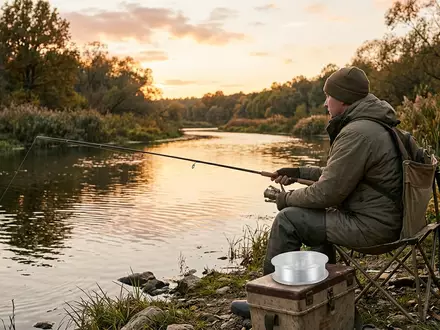 Fotorealistische Aufnahme von Angelschnur am Fluss zum Thema Berkley Trilene XL Angelschnur, warmes Abendlicht - Foto: THN