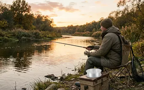 Fotorealistische Aufnahme von Angelschnur am Fluss zum Thema Berkley Trilene XL Angelschnur, warmes Abendlicht - Foto: THN