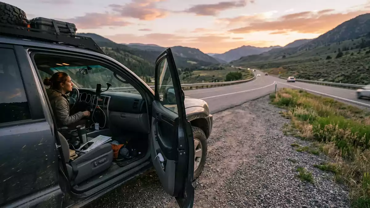 Fotorealistische Ansicht von Autoladegeraet auf der Reise in warmem Abendlicht