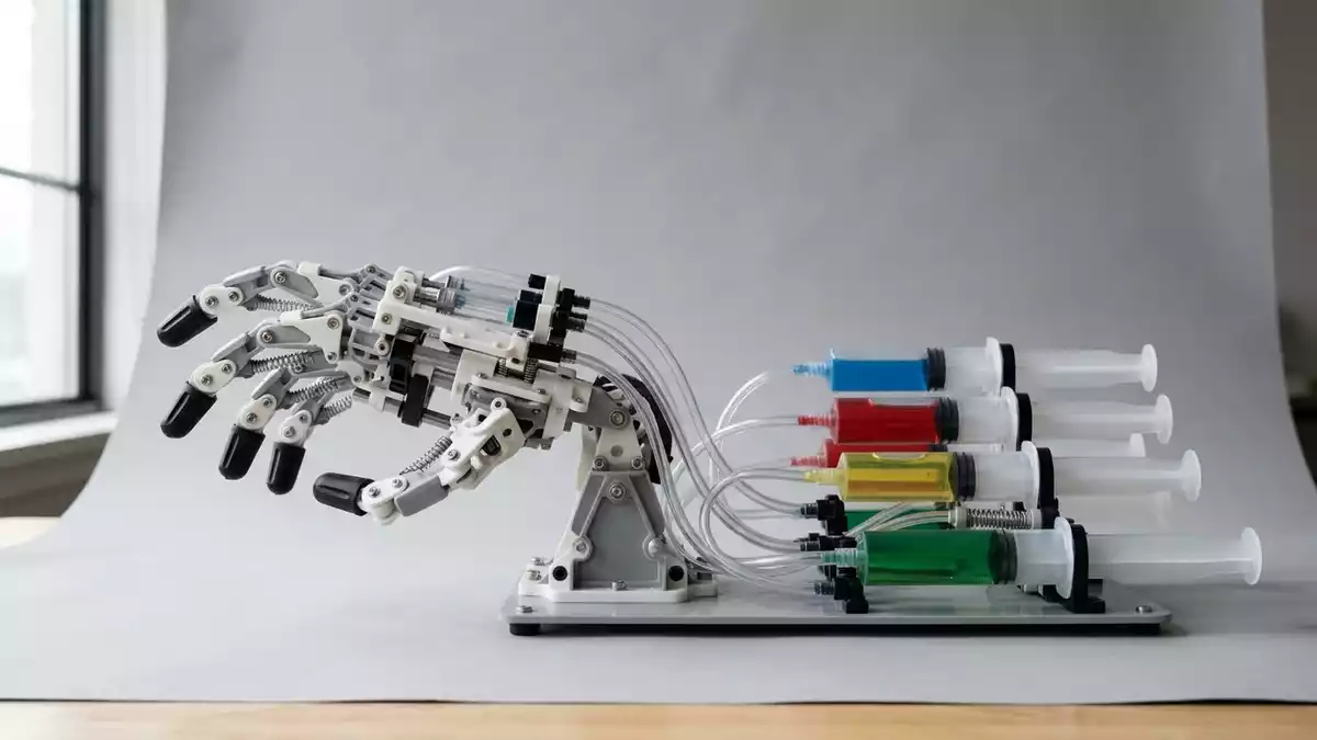 Fotorealistische Studioansicht von Roboterhand Bausatz in neutraler Produktdarstellung