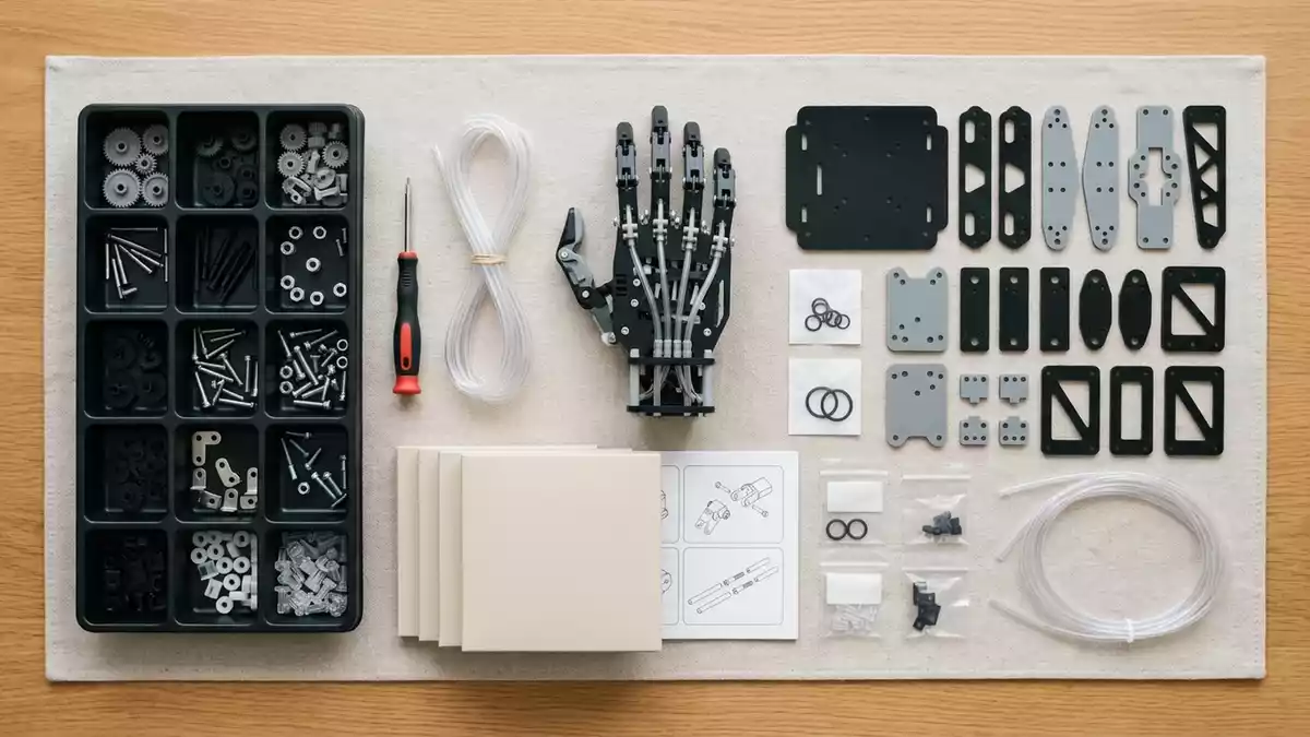 Flatlay-Arrangement rund um Roboterhand Bausatz mit passenden Requisiten von oben