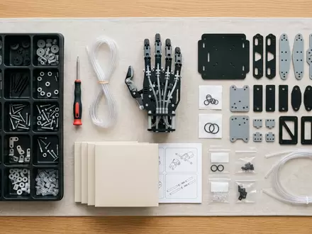 Flatlay-Arrangement rund um Roboterhand Bausatz zum Thema KOSMOS Cyborg Hand, weiches Oberlicht - Foto: THN
