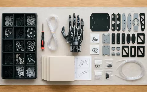 Flatlay-Arrangement rund um Roboterhand Bausatz zum Thema KOSMOS Cyborg Hand, weiches Oberlicht - Foto: THN