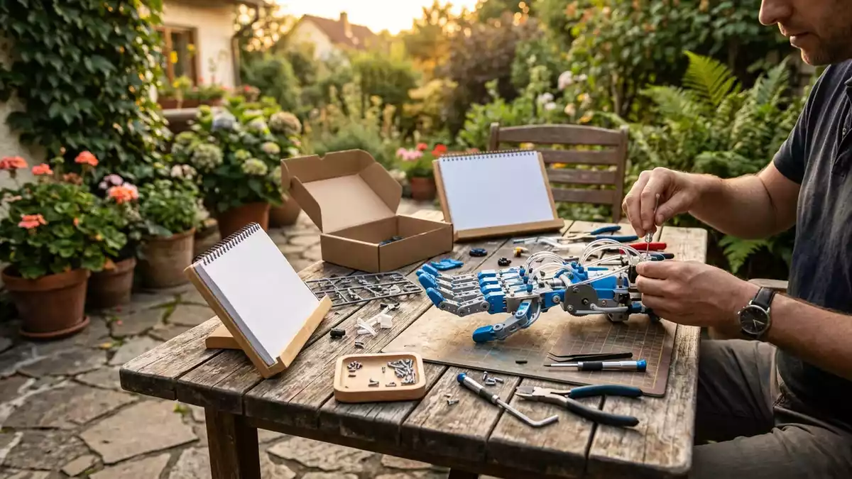 Fotorealistische Ansicht von Roboterhand Bausatz auf der Terrasse in warmem Abendlicht