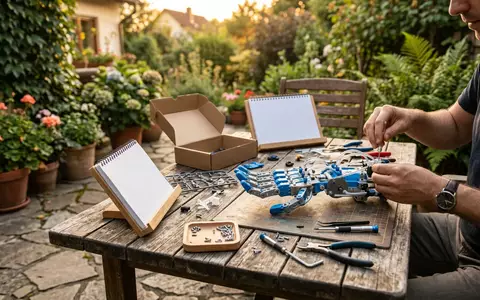 Fotorealistische Aufnahme von Roboterhand Bausatz auf der Terrasse zum Thema KOSMOS Cyborg Hand, warmes Abendlicht - Foto: THN