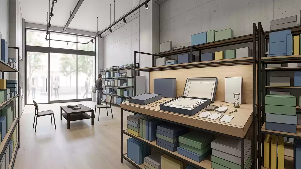 Architektur-Render im Spieleladen mit Raetselspiel im Ausstellungsbereich, neutral