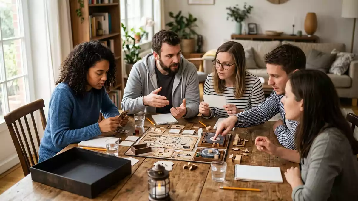 Fotorealistische Ansicht von Raetselspiel beim Spieleabend in realer Umgebung, neutral
