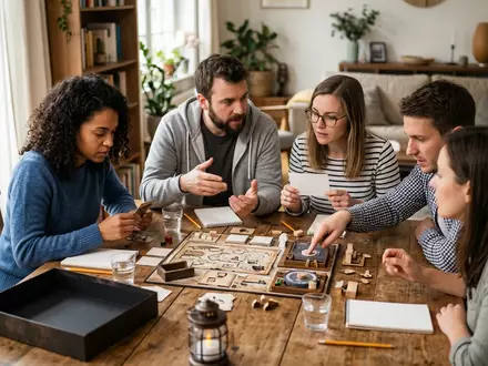 Fotorealistische Aufnahme von Raetselspiel beim Spieleabend zum Thema EXIT, natuerliches Licht, sachlich dargestellt - Foto: THN