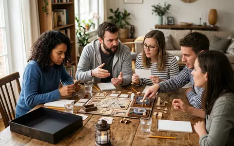 Fotorealistische Aufnahme von Raetselspiel beim Spieleabend zum Thema EXIT, natuerliches Licht, sachlich dargestellt - Foto: THN
