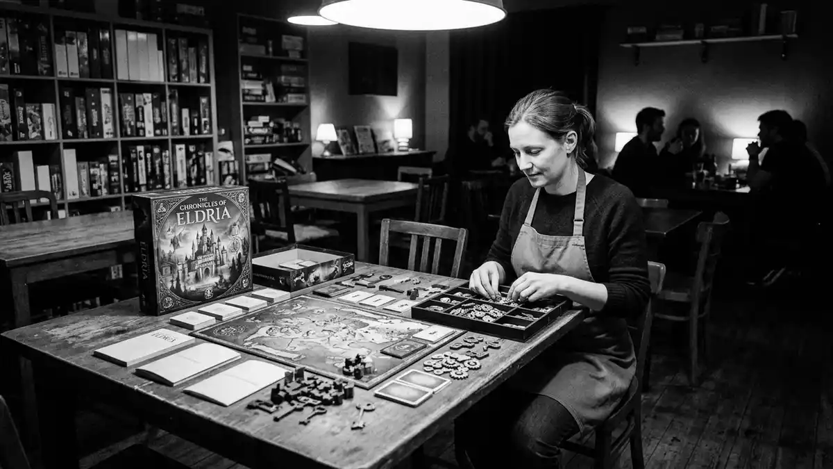 Schwarzweiss-Reportagebild mit Raetselspiel in dokumentarischer Arbeitsumgebung