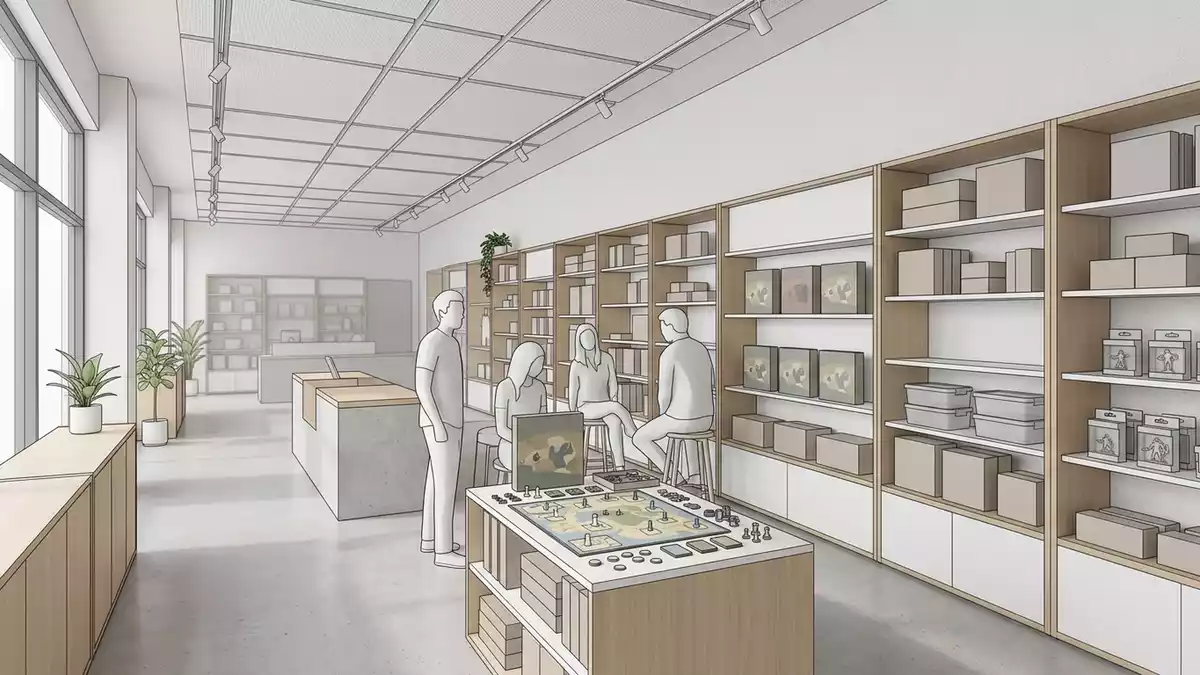 Architektur-Render im Spieleladen mit Detektivspiel im Ausstellungsbereich, neutral