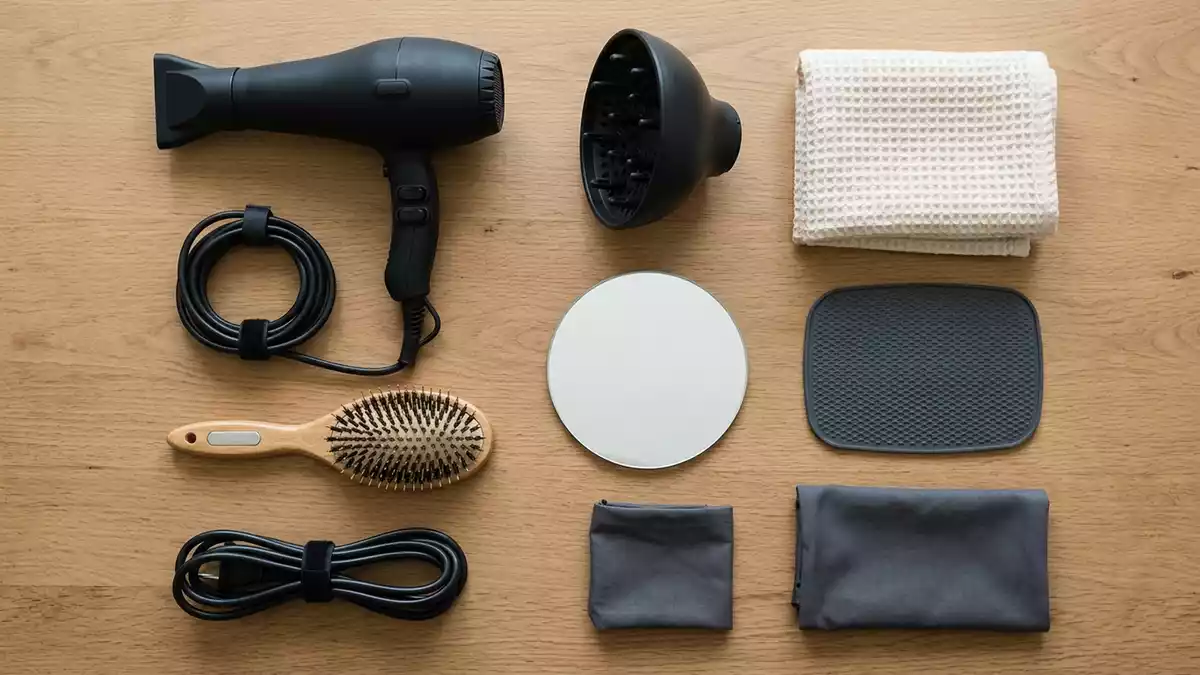 Flatlay-Arrangement rund um Haartrockner mit passenden Requisiten von oben, neutral