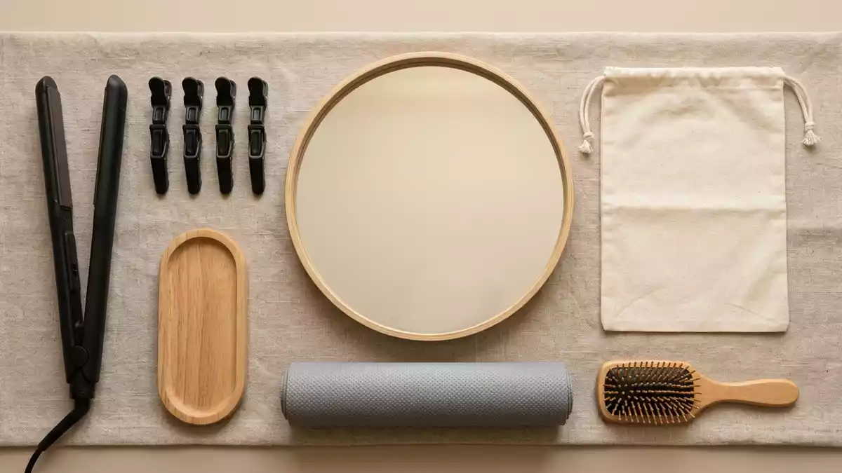 Flatlay-Arrangement rund um Haarglaetter mit passenden Requisiten von oben, neutral