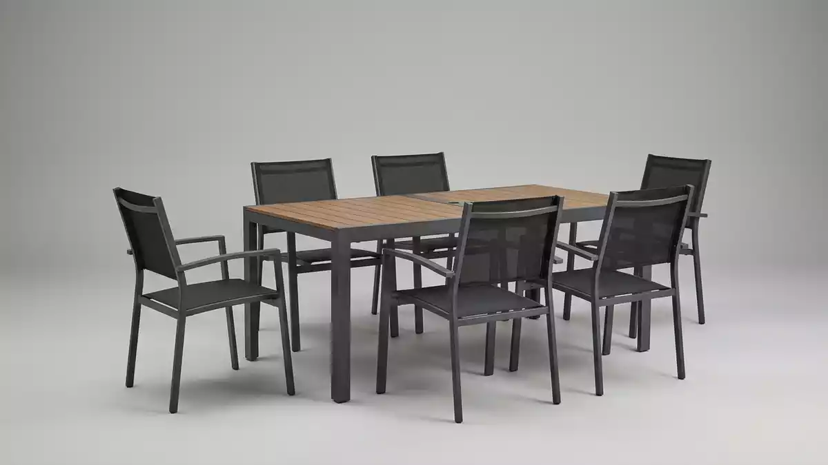 Fotorealistische Studioansicht von Gartenmoebelset in neutraler Produktdarstellung