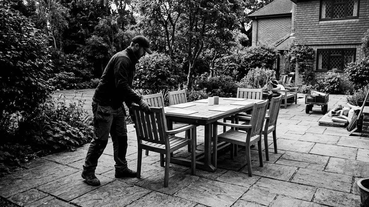 Schwarzweiss-Reportagebild mit Gartenmoebelset in dokumentarischer Arbeitsumgebung
