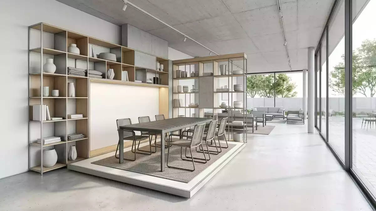 Architektur-Render im Gartenmoebelfachgeschaeft mit Gartenmoebelset im Ausstellungsbereich