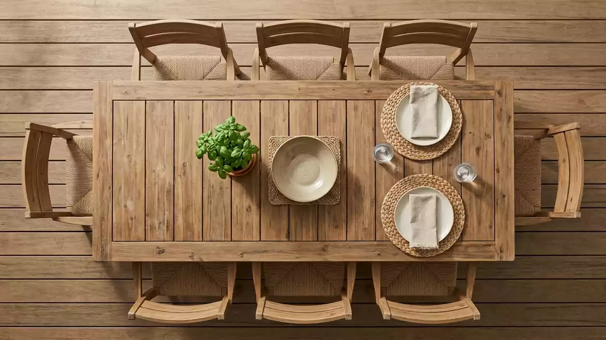 Flatlay-Arrangement rund um Gartenmoebelset mit passenden Requisiten von oben, neutral