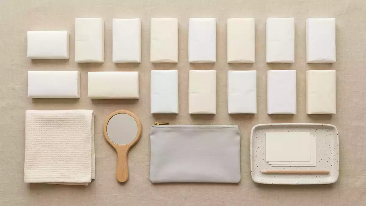Flatlay-Arrangement rund um Taschentuecher mit passenden Requisiten von oben, neutral