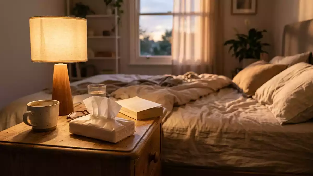 Fotorealistische Ansicht von Taschentuecher am Bett in warmem Abendlicht, neutral