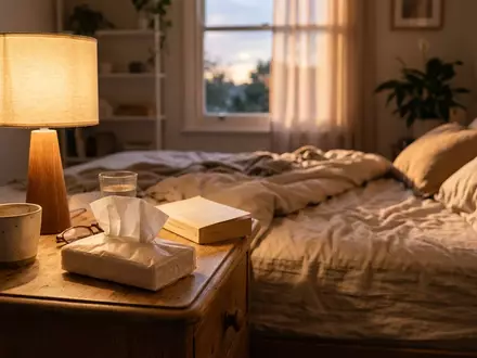Fotorealistische Aufnahme von Taschentuecher am Bett zum Thema Zewa Softis Taschentücher 12x10, warmes Abendlicht - Foto: THN
