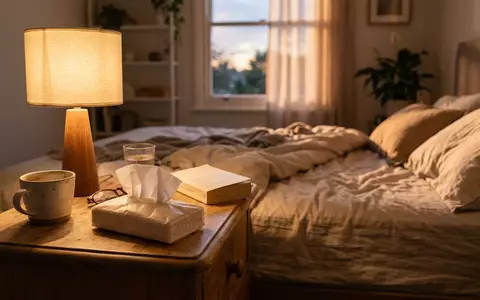 Fotorealistische Aufnahme von Taschentuecher am Bett zum Thema Zewa Softis Taschentücher 12x10, warmes Abendlicht - Foto: THN