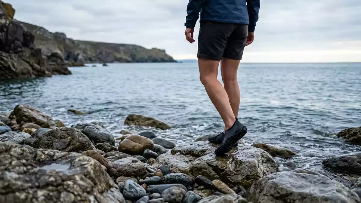 Fotorealistische Ansicht von Wasserschuhe am Ufer in realer Umgebung, neutral