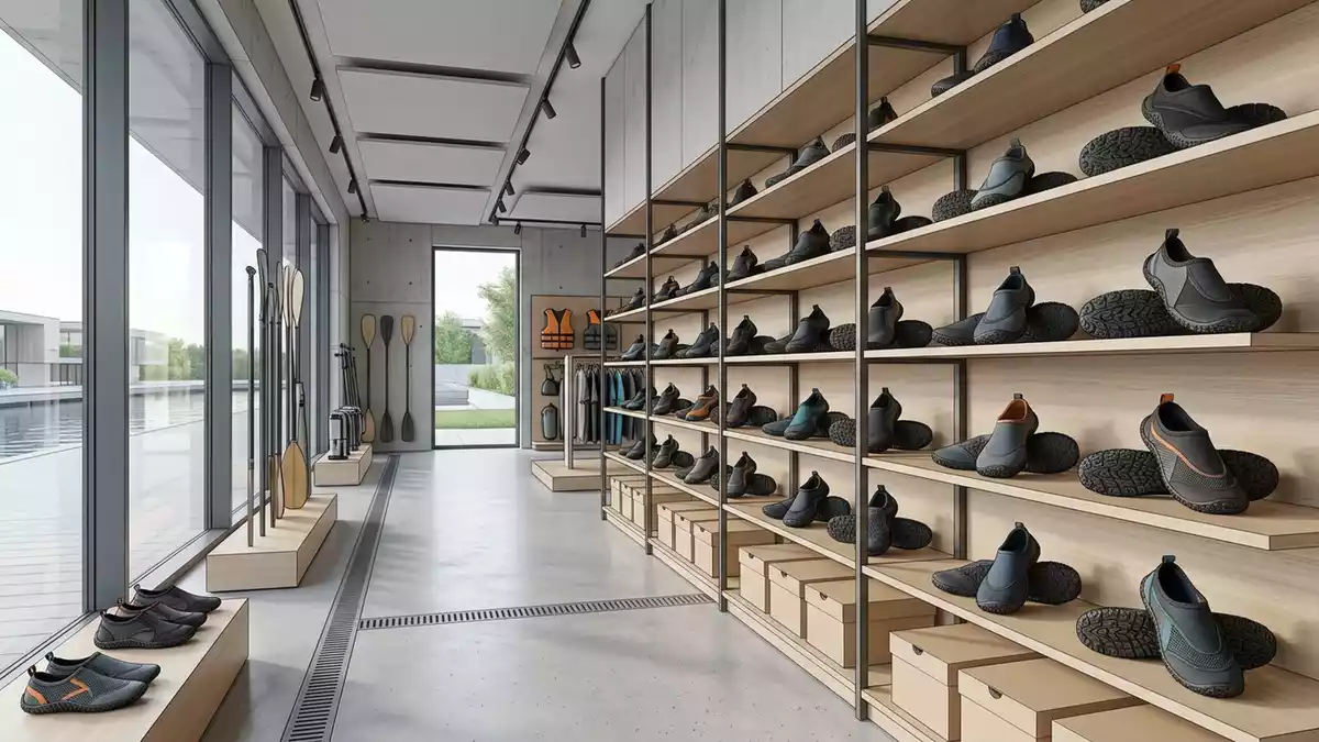 Architektur-Render im Wassersport Laden mit Wasserschuhe im Ausstellungsbereich
