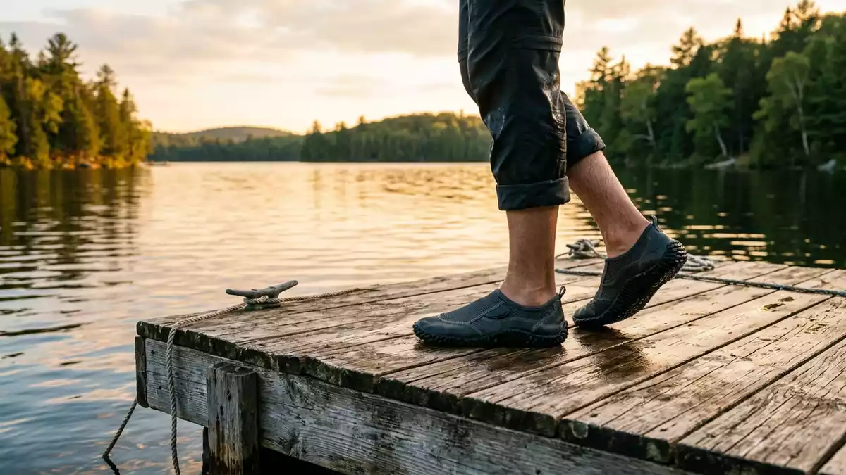 Fotorealistische Ansicht von Wasserschuhe am Seeufer in warmem Abendlicht, neutral