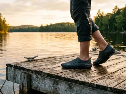 Fotorealistische Aufnahme von Wasserschuhe am Seeufer zum Thema Beco Herren Badeschuhe Aqua-Sportschuhe, warmes Abendlicht - Foto: THN